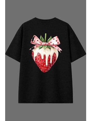 Vsrn Kremalı Çilek Tasarım Arka Baskılı Siyah Oversize T Shirt