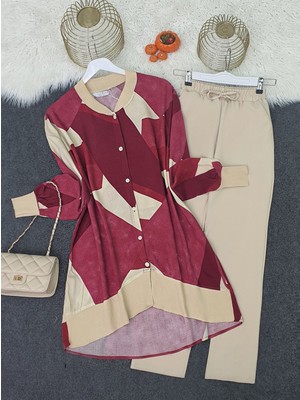 Modamorfo Çiçek Desen Ribanalı Düğmeli Oversize Tunik  -Bordo