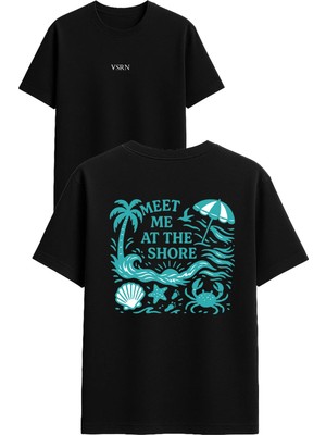 Vsrn Meet Me At The Shore Tasarım Baskılı Siyah Oversize T Shirt