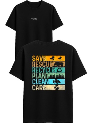Vsrn Save Rescule Recycle Tasarım Baskılı Siyah Oversize T Shirt
