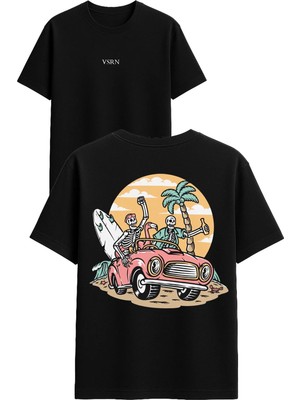 Vsrn Agayla Tatil Tasarım Baskılı Siyah Oversize T Shirt