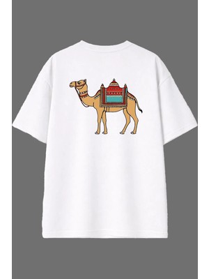 Vsrn Deve Çölde Tasarım Arka Baskılı Beyaz Oversize T Shirt