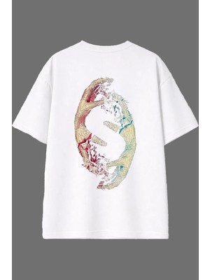 Vsrn Kavuşamayan Eller Tasarım Arka Baskılı Beyaz Oversize T Shirt