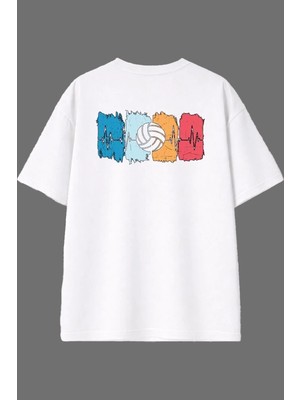 Vsrn Voleyball 5 Tasarım Arka Baskılı Beyaz Oversize T Shirt