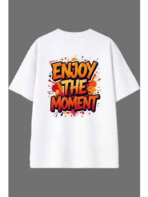 Vsrn Enjoy The Moment Tasarım Arka Baskılı Beyaz Oversize T Shirt
