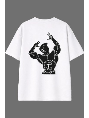 Vsrn Kaslı Tasarım Arka Baskılı Beyaz Oversize T Shirt