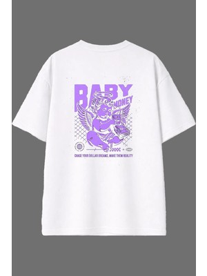 Vsrn Baby Mony Tasarım Arka Baskılı Beyaz Oversize T Shirt