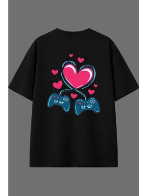 Vsrn Oyun Kolları Tasarım Arka Baskılı Siyah Oversize T Shirt