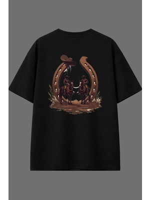 Vsrn At Nalı Kovboy Tasarım Arka Baskılı Siyah Oversize T Shirt