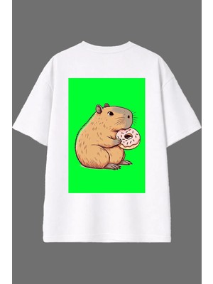 Vsrn Donut Yiyen Capıbara Tasarım Arka Baskılı Beyaz Oversize T Shirt