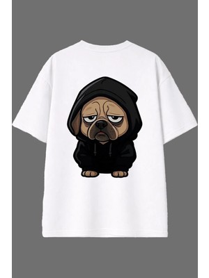 Vsrn Üzgün Köpek Tasarım Arka Baskılı Beyaz Oversize T Shirt