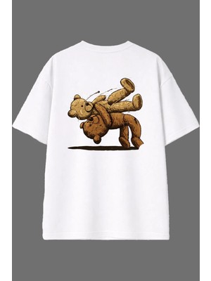 Vsrn Ayıcıklar Dövüşüyo Tasarım Arka Baskılı Beyaz Oversize T Shirt
