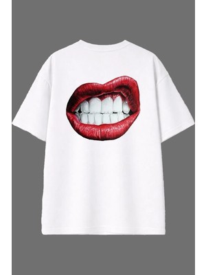 Vsrn Kırmızı Dudak Tasarım Arka Baskılı Beyaz Oversize T Shirt