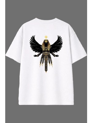 Vsrn Mısır Tanrısı Tasarım Arka Baskılı Beyaz Oversize T Shirt