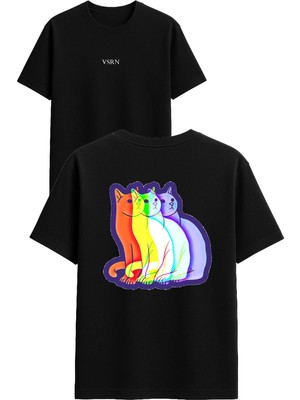 Vsrn 3 Boyutlu Kedi Tasarım Baskılı Siyah Oversize T Shirt