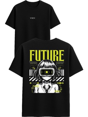 Vsrn Future Tasarım Baskılı Siyah Oversize T Shirt