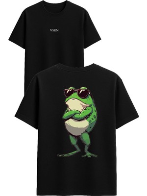 Vsrn Kurbağa Gözlüklü Tasarım Baskılı Siyah Oversize T Shirt