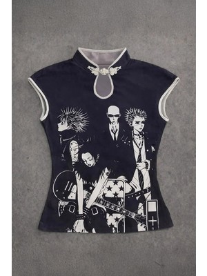 Siyah Anime Nana Qipao Vintage Y2K Kısa Kollu Bluz