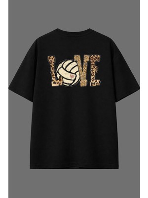 Vsrn Love Leopar Tasarım Arka Baskılı Siyah Oversize T Shirt