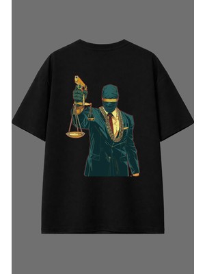 Vsrn Adalet Tasarım Arka Baskılı Siyah Oversize T Shirt