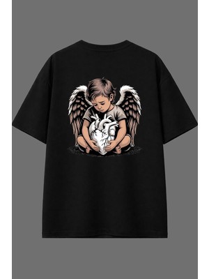 Vsrn Üzgün Melek Tasarım Arka Baskılı Siyah Oversize T Shirt