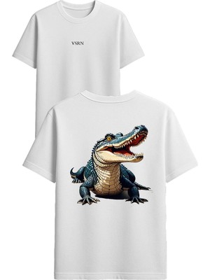 Vsrn Yavru Timsah Tasarım Baskılı Beyaz Oversize T Shirt