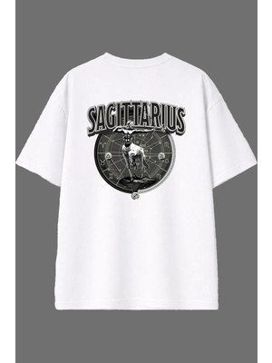 Vsrn Sagıttarus Burç Tasarım Arka Baskılı Beyaz Oversize T Shirt