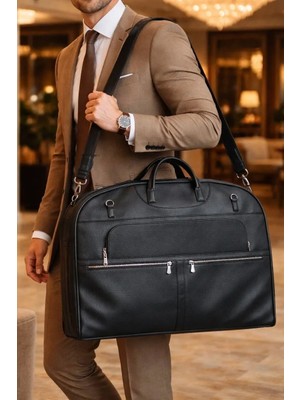 Canaris Deri Takım Elbise Kılıfı ve Seyahat Çantası – Askılı, Unisex, Geniş Hacimli Premium Siyah Renk Anneler Günü Hediyesi