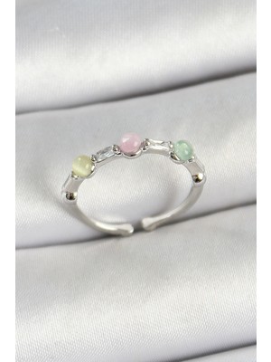 Zenvia Pirinç Sıralı Boncuk Figürlü Zirkon Taşlı Gümüş Renk Ayarlanabilir Kadın Yüzük - Tj-Byk