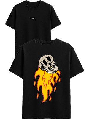 Vsrn Altın Diş Kurukafa Tasarım Baskılı Siyah Oversize T Shirt