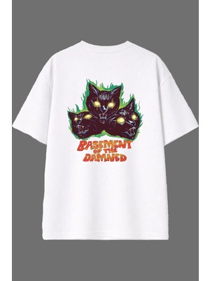 Vsrn Zombi Kediler Tasarım Arka Baskılı Beyaz Oversize T Shirt