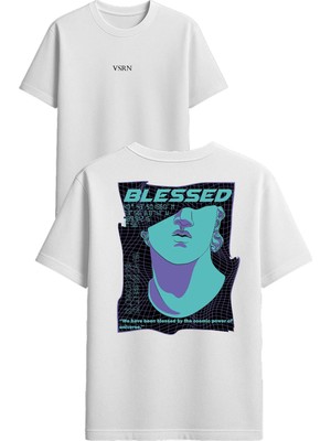 Vsrn Yarım Yüz Blessed Tasarım Baskılı Beyaz Oversize T-Shirt