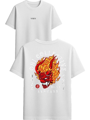 Vsrn Akhzart Tasarım Baskılı Beyaz Oversize T Shirt