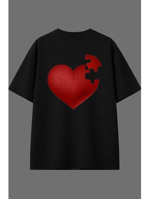 Vsrn Yapboz Kalp Tasarım Arka Baskılı Siyah Oversize T Shirt