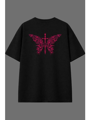 Vsrn Kılıçlı Kelebek Tasarım Arka Baskılı Siyah Oversize T Shirt