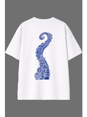 Vsrn Ahtapot Kolu Tasarım Arka Baskılı Beyaz Oversize T Shirt