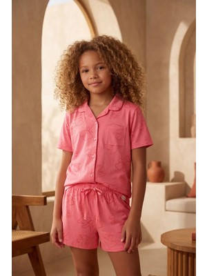 Bony Socks Floral Outburst Desenli Düğmeli Pembe Kız Çocuk Şort Takım