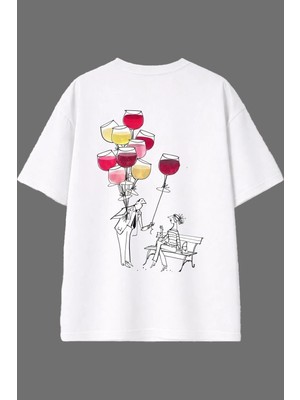 Vsrn Şaraplı Balonlar Tasarım Arka Baskılı Beyaz Oversize T Shirt