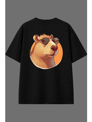 Vsrn Gözlüklü Kapibara Tasarım Arka Baskılı Siyah Oversize T Shirt