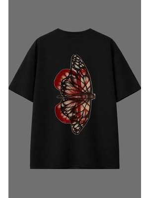 Vsrn Kelebek Tasarım Arka Baskılı Siyah Oversize T Shirt