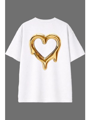 Vsrn Altın Kalp Tasarım Arka Baskılı Beyaz Oversize T Shirt