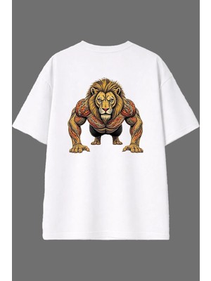 Vsrn Azimli Aslan Gym Tasarım Arka Baskılı Beyaz Oversize T Shirt