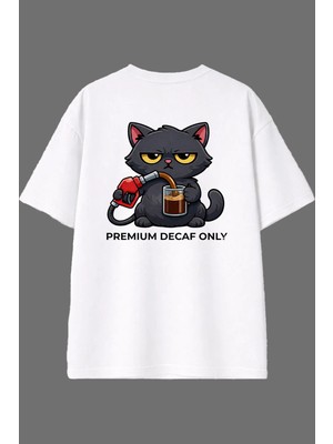 Vsrn Coffe Cat Tasarım Arka Baskılı Beyaz Oversize T Shirt