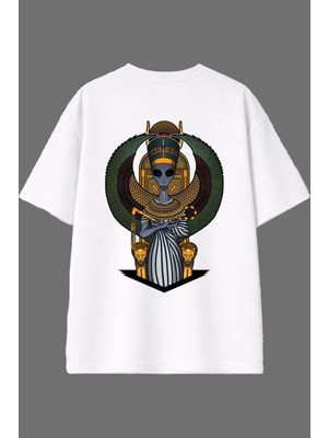 Vsrn Iskelet Firavun Tasarım Arka Baskılı Beyaz Oversize T Shirt