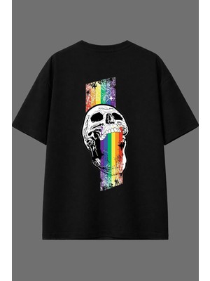 Vsrn Renkli Iskelet Tasarım Arka Baskılı Siyah Oversize T Shirt