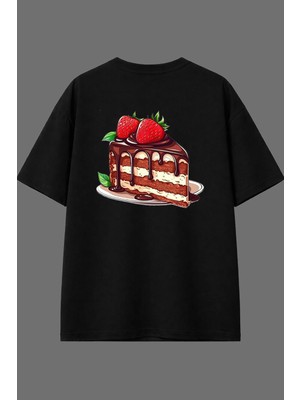 Vsrn Lezzetli Pasta Tasarım Arka Baskılı Siyah Oversize T Shirt