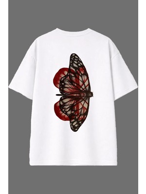 Vsrn Kelebek Tasarım Arka Baskılı Beyaz Oversize T Shirt