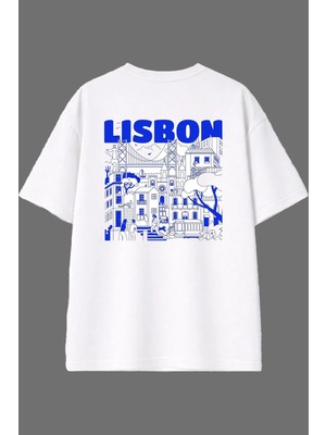 Vsrn Lisbon Tasarım Arka Baskılı Beyaz Oversize T Shirt