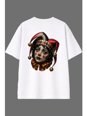 Vsrn Üzgün Palyaço Tasarım Arka Baskılı Beyaz Oversize T Shirt