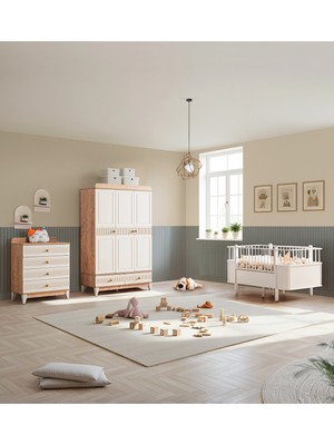 Setay Bakü Meşe Çocuk Odası Takımı, Bakü Meşe 3 Kapaklı Dolap, Şifonyer, Krem Dünya Büyüyen Beşik